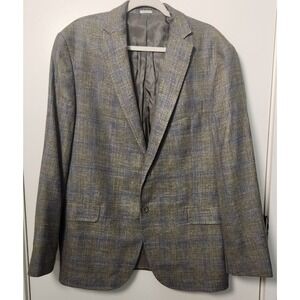 E.Thomas Joseph Abboud Mens 44L Green Blue Windowpane Sport Coat Wool Silk Linen